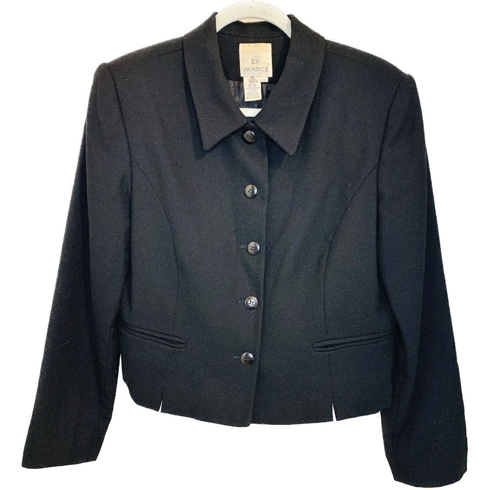 Vintage Haut de Gamme En Avance Black Wool Blazer Suit Jacket Point Collar Sz 12